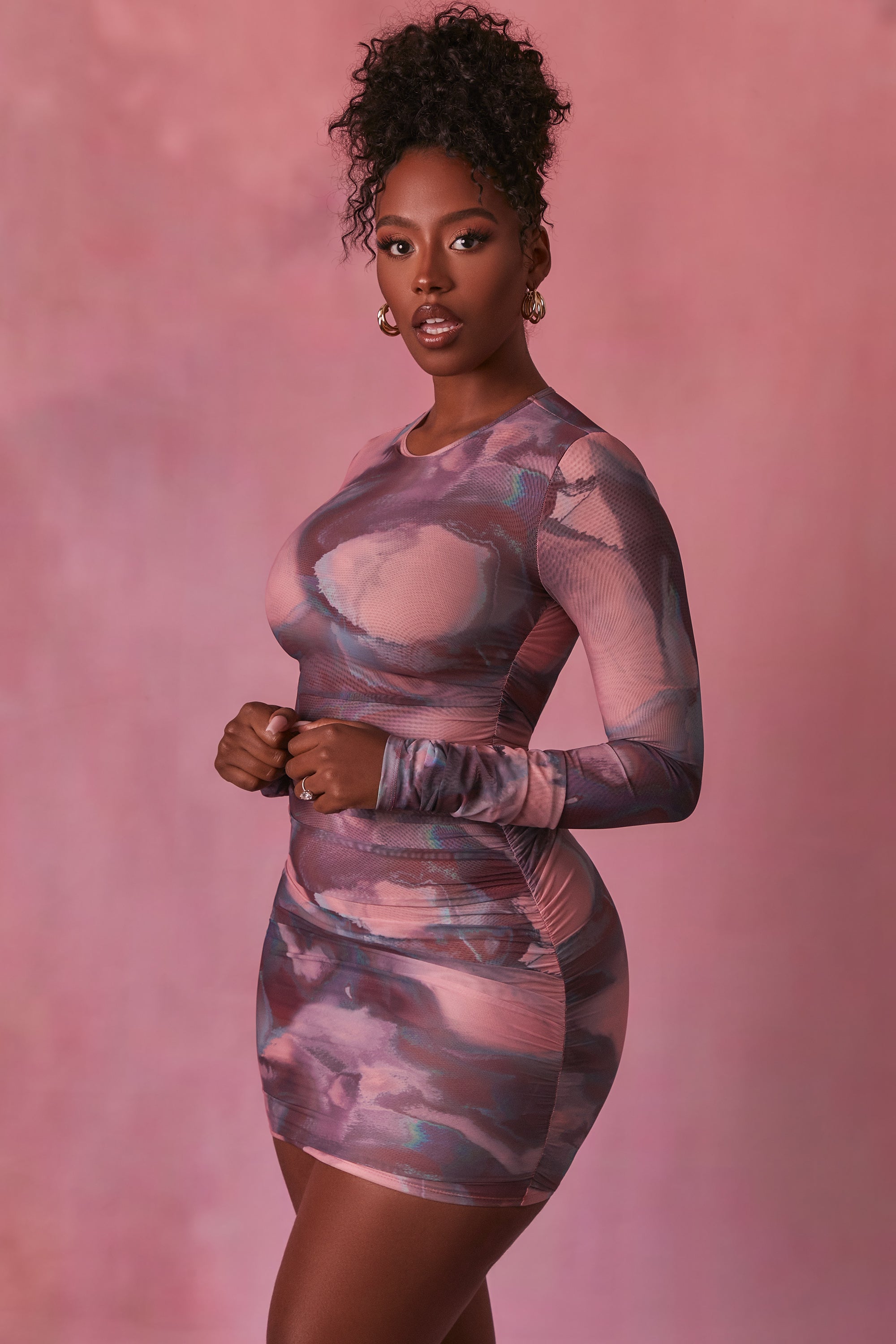 Constellations Long Sleeve Bodycon Ruched Mesh Mini Dress in Blush