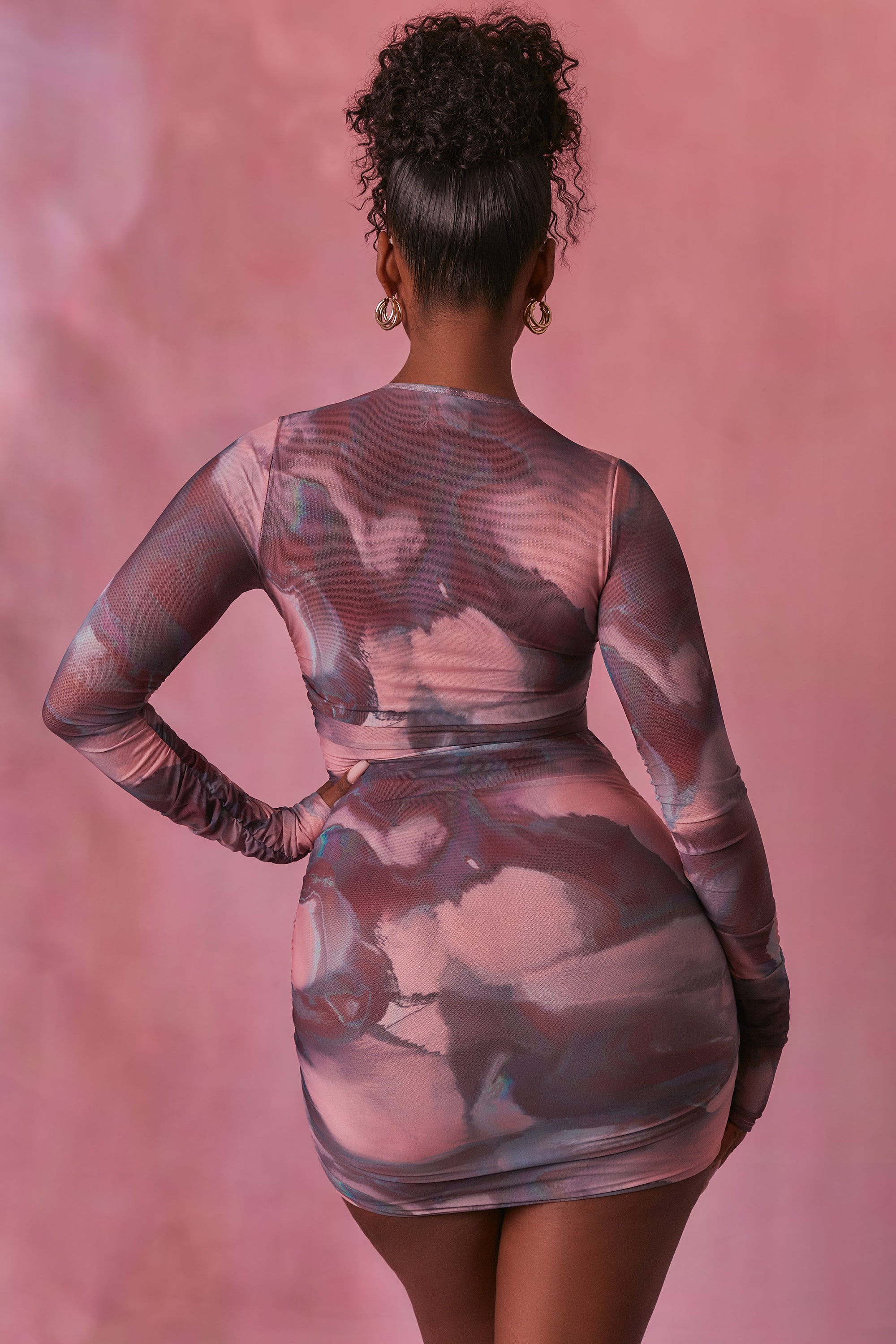 Constellations Long Sleeve Bodycon Ruched Mesh Mini Dress in Blush