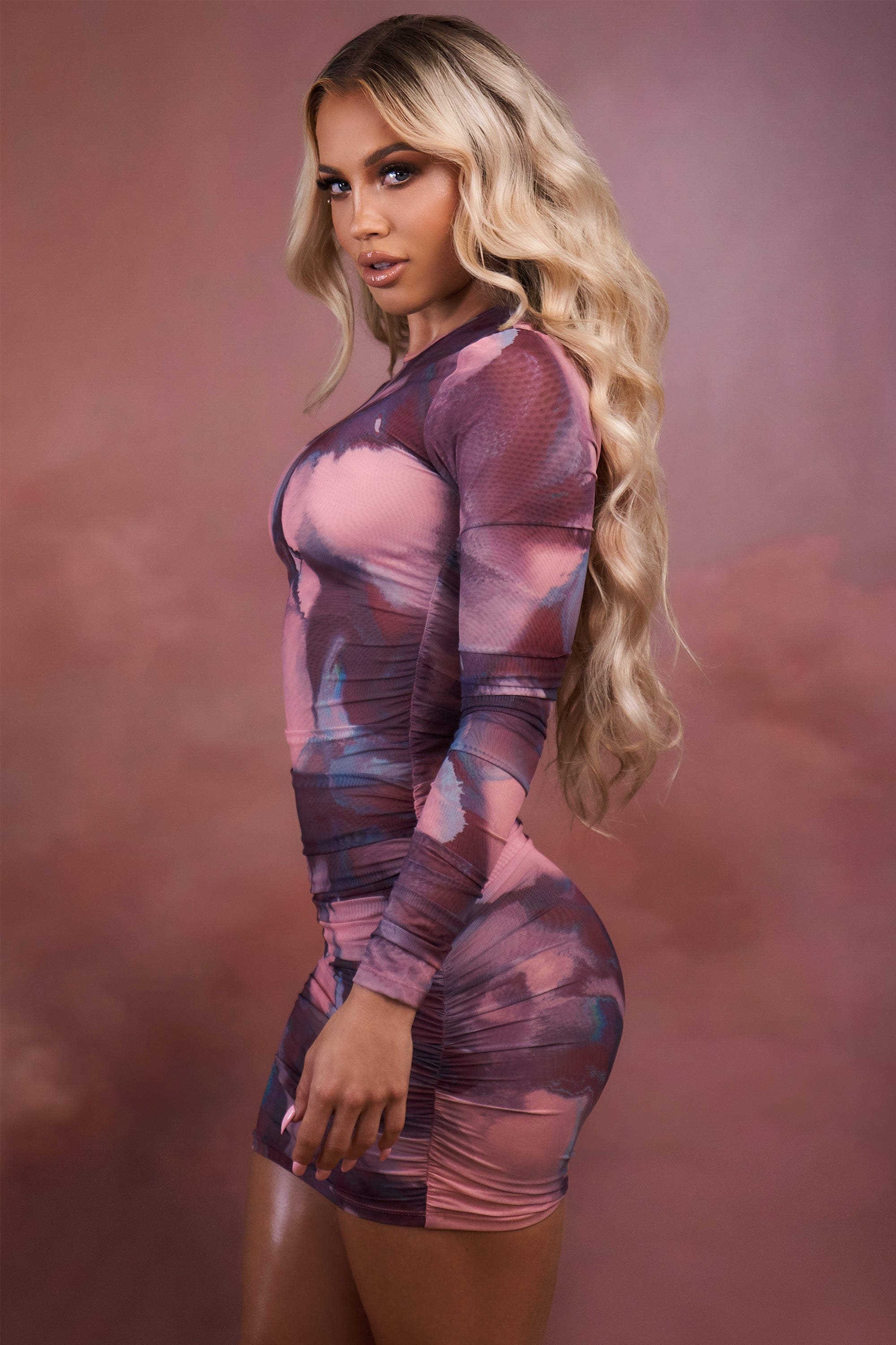 Constellations Long Sleeve Bodycon Ruched Mesh Mini Dress in Blush