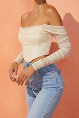 Mesh Bardot Crop Top in Sand