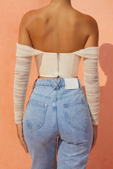 Mesh Bardot Crop Top in Sand