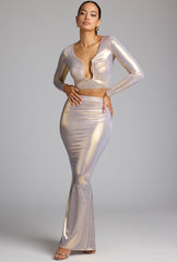 Mid Rise Metallic Jersey Gown Skirt in Light Gold