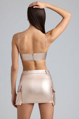 Metallic Denim Mid-Rise Cargo Mini Skirt in Champagne