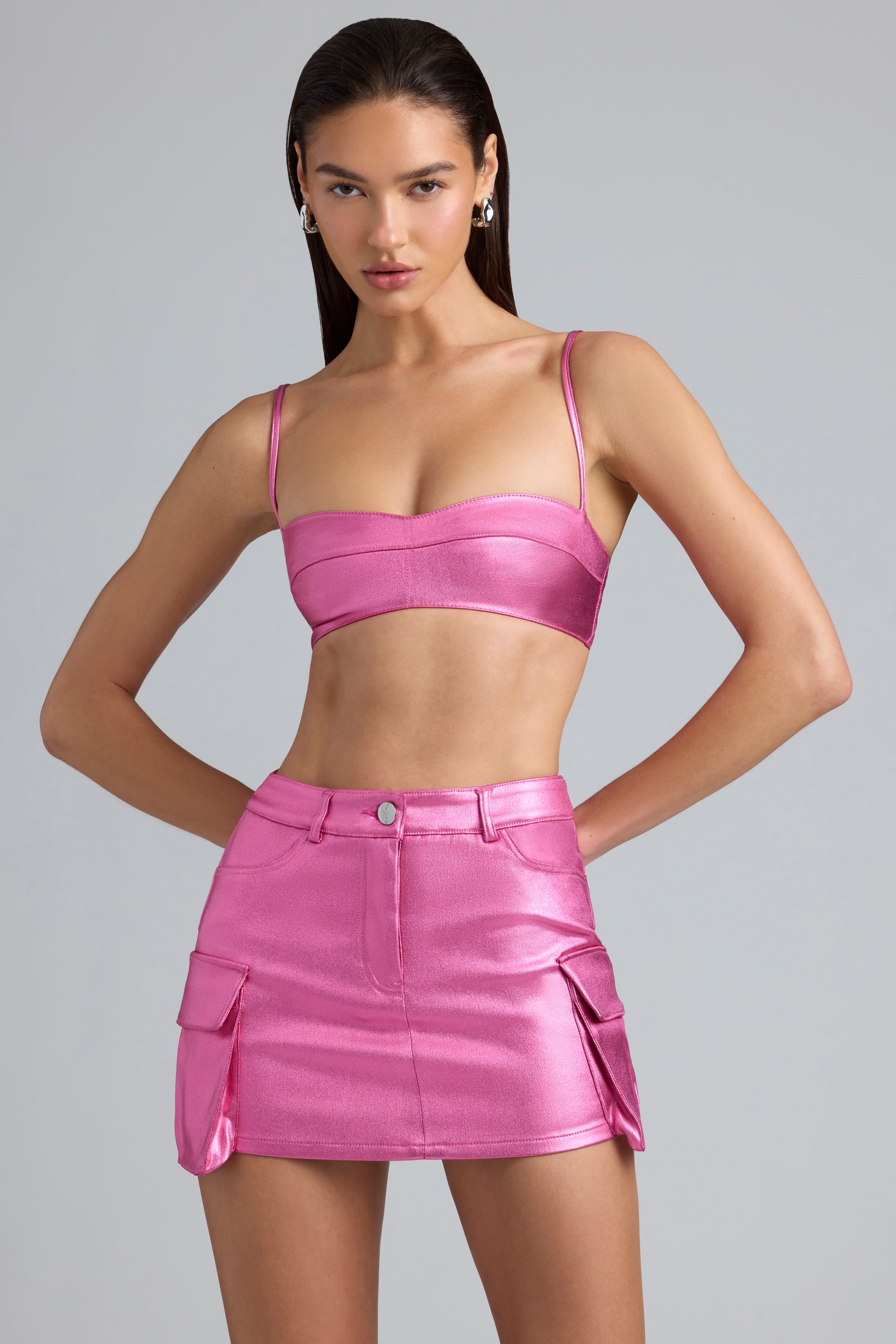 Metallic Denim Mid-Rise Cargo Mini Skirt in Deep Pink