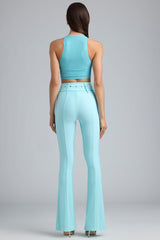 Metallic Belted Mid-Rise Flared Trousers in Ice Blue