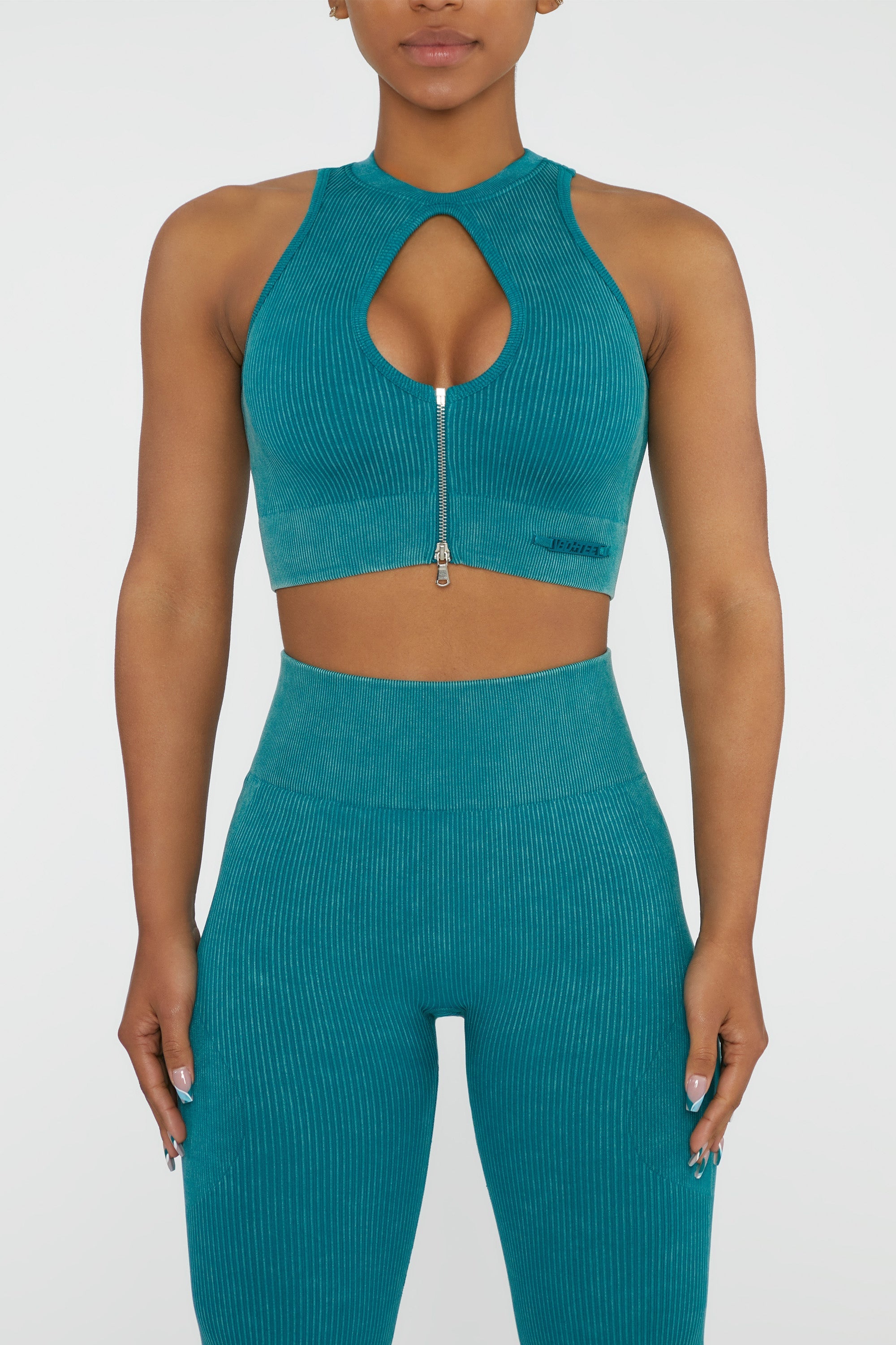 Keyhole Zip Crop Top in Teal
