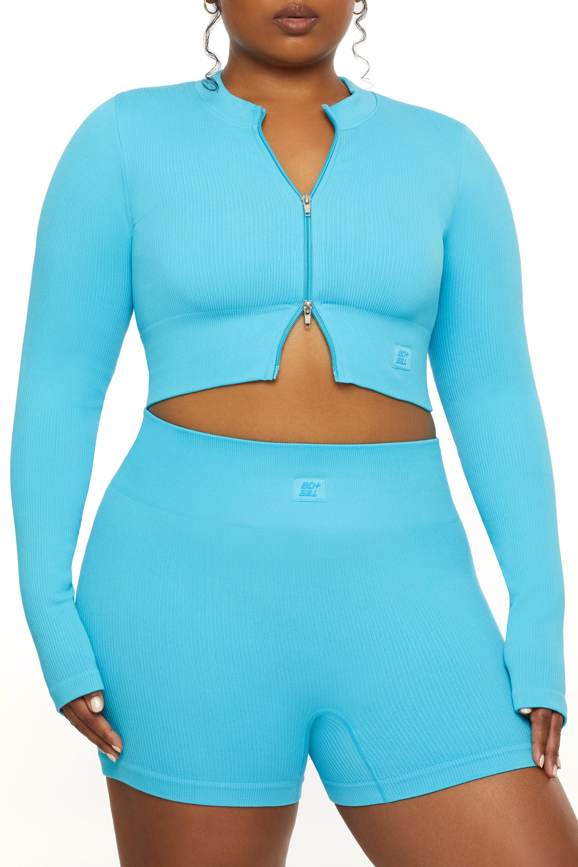 Long Sleeve Zip Crop Top in Blue
