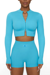 Long Sleeve Zip Crop Top in Blue