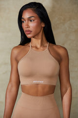 High Neck Open Back Define Luxe Sports Bra in Warm Taupe