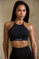 High Neck Open Back Define Luxe Sports Bra in Black