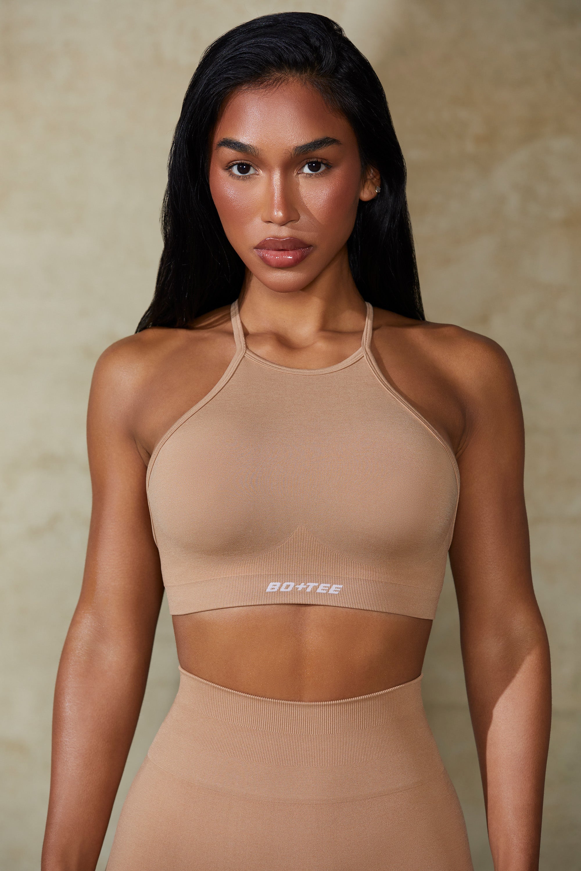 High Neck Open Back Define Luxe Sports Bra in Warm Taupe