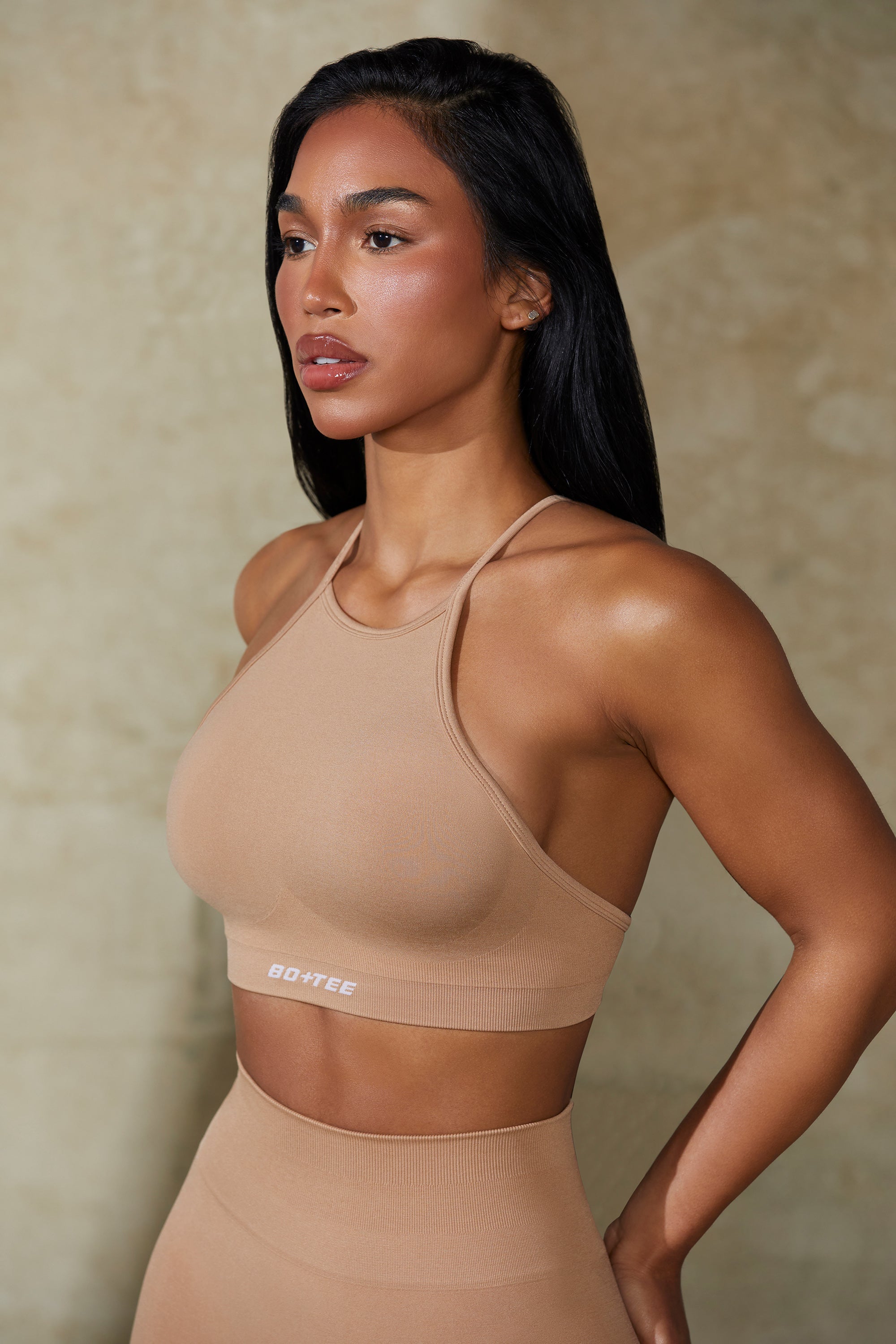 High Neck Open Back Define Luxe Sports Bra in Warm Taupe