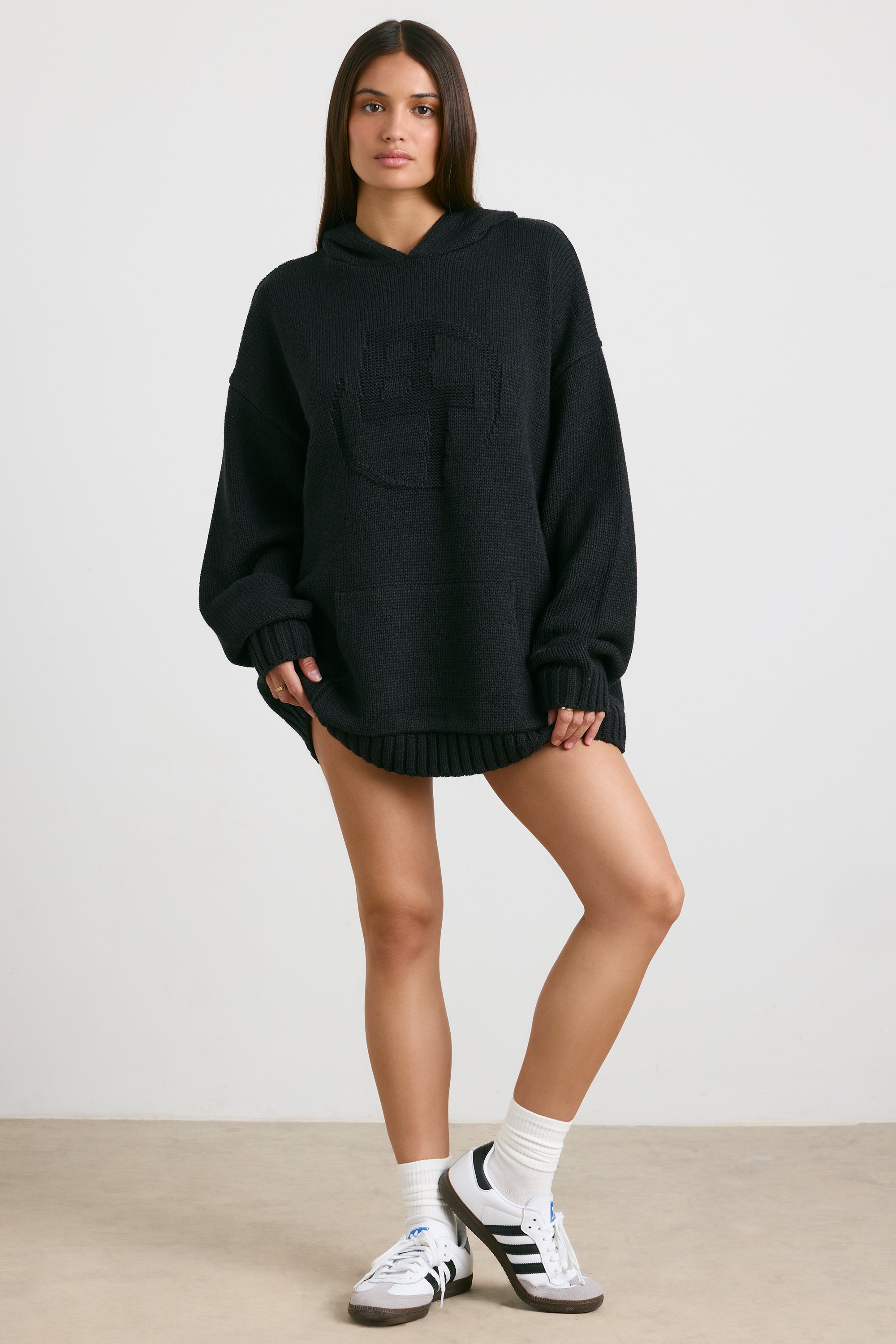 Oversized Chunky Knit Hoodie in Black