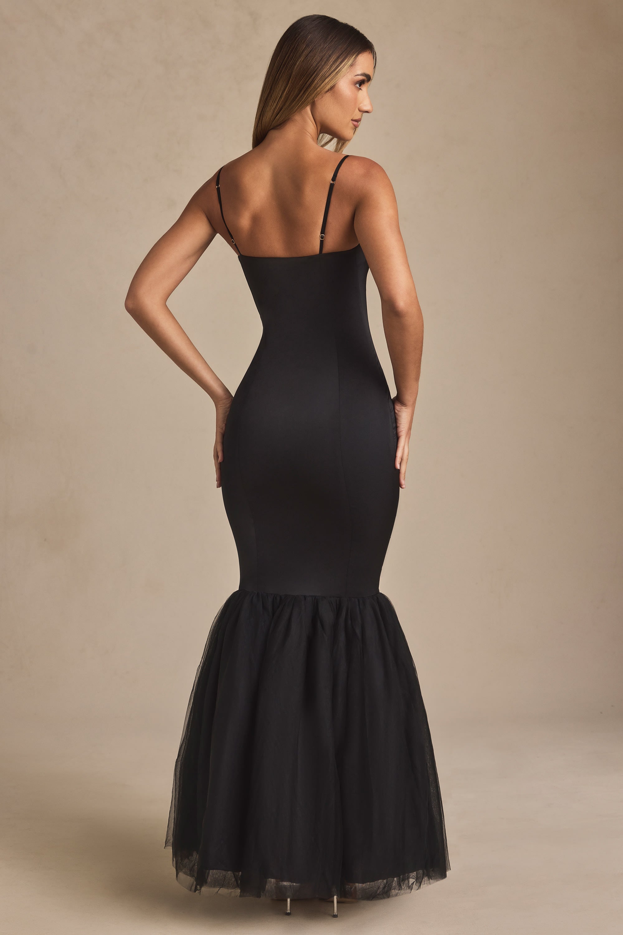 Tulle Hem Fishtail Gown in Black