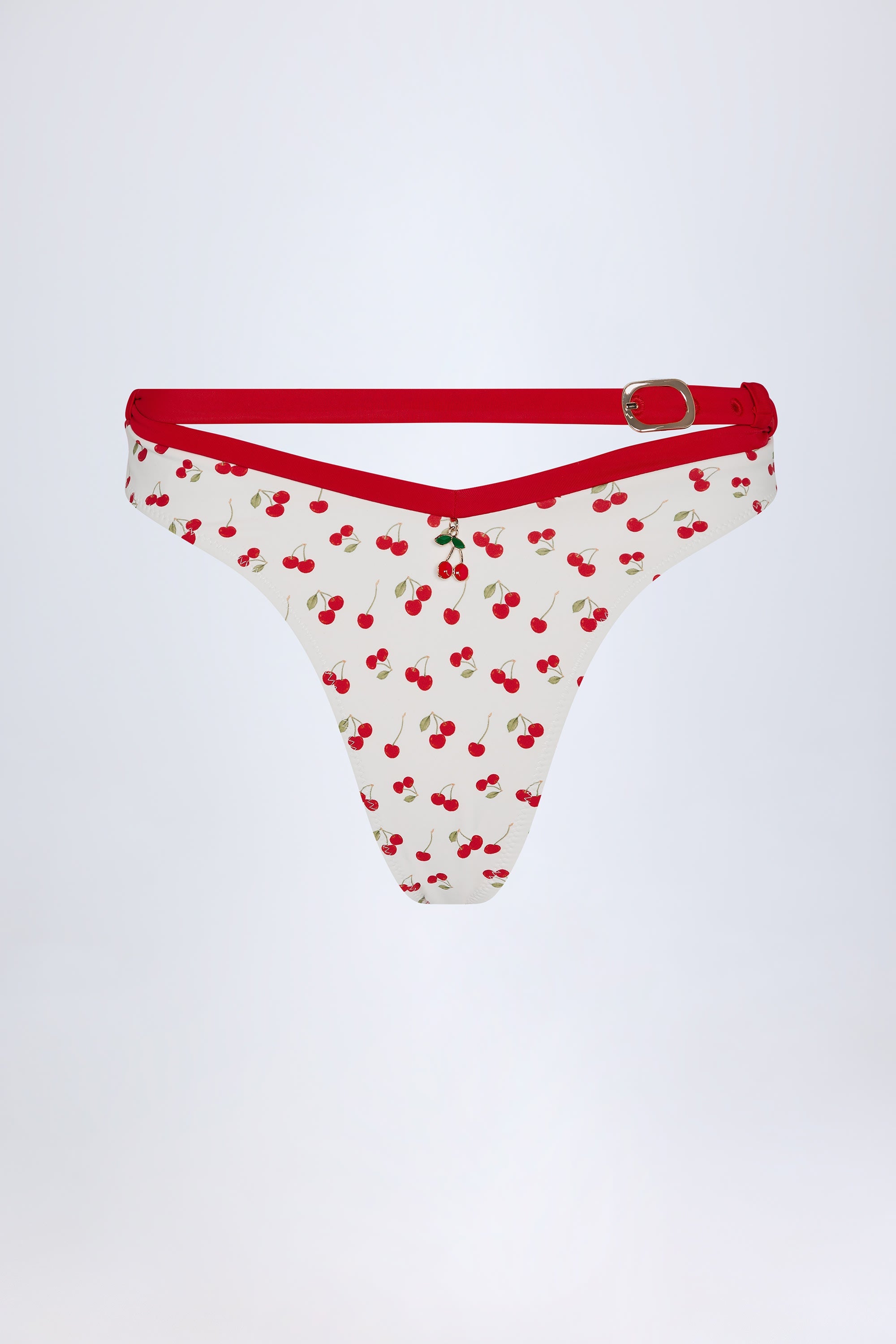 Contrast Belted Thong Bikini Bottoms in Cherry Print