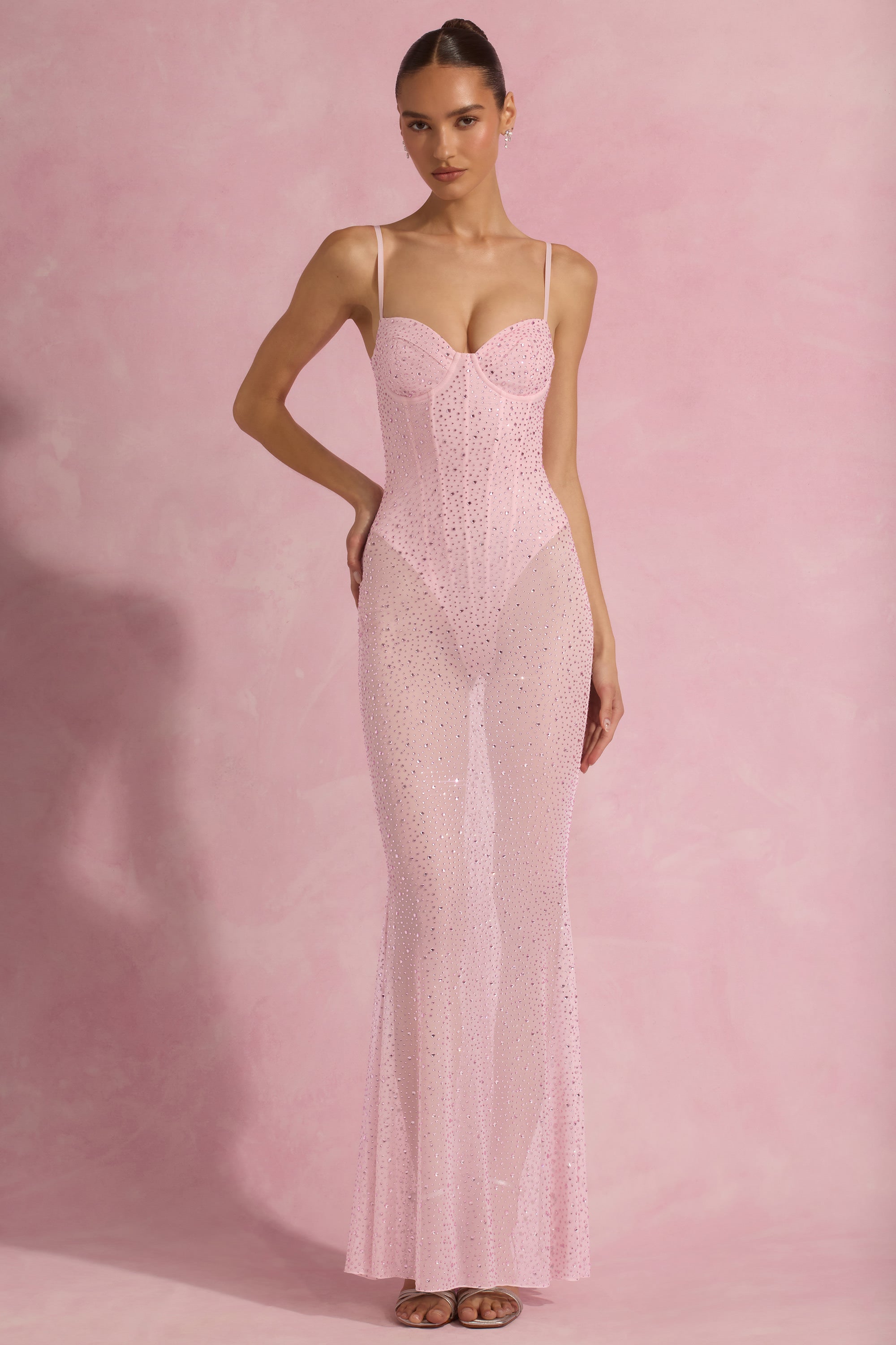 Semi-Sheer Embellished Corset Gown in Pink