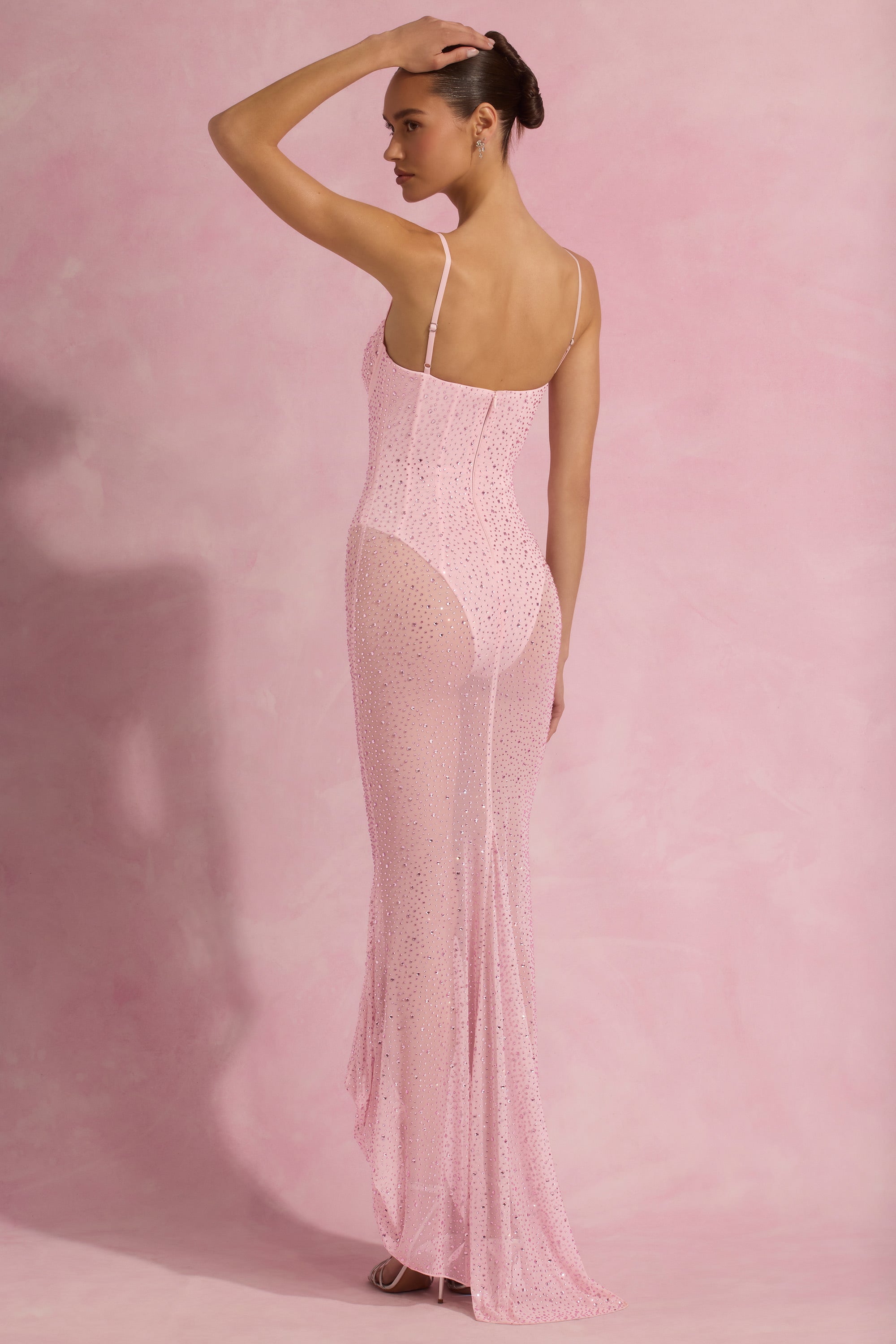 Semi-Sheer Embellished Corset Gown in Pink