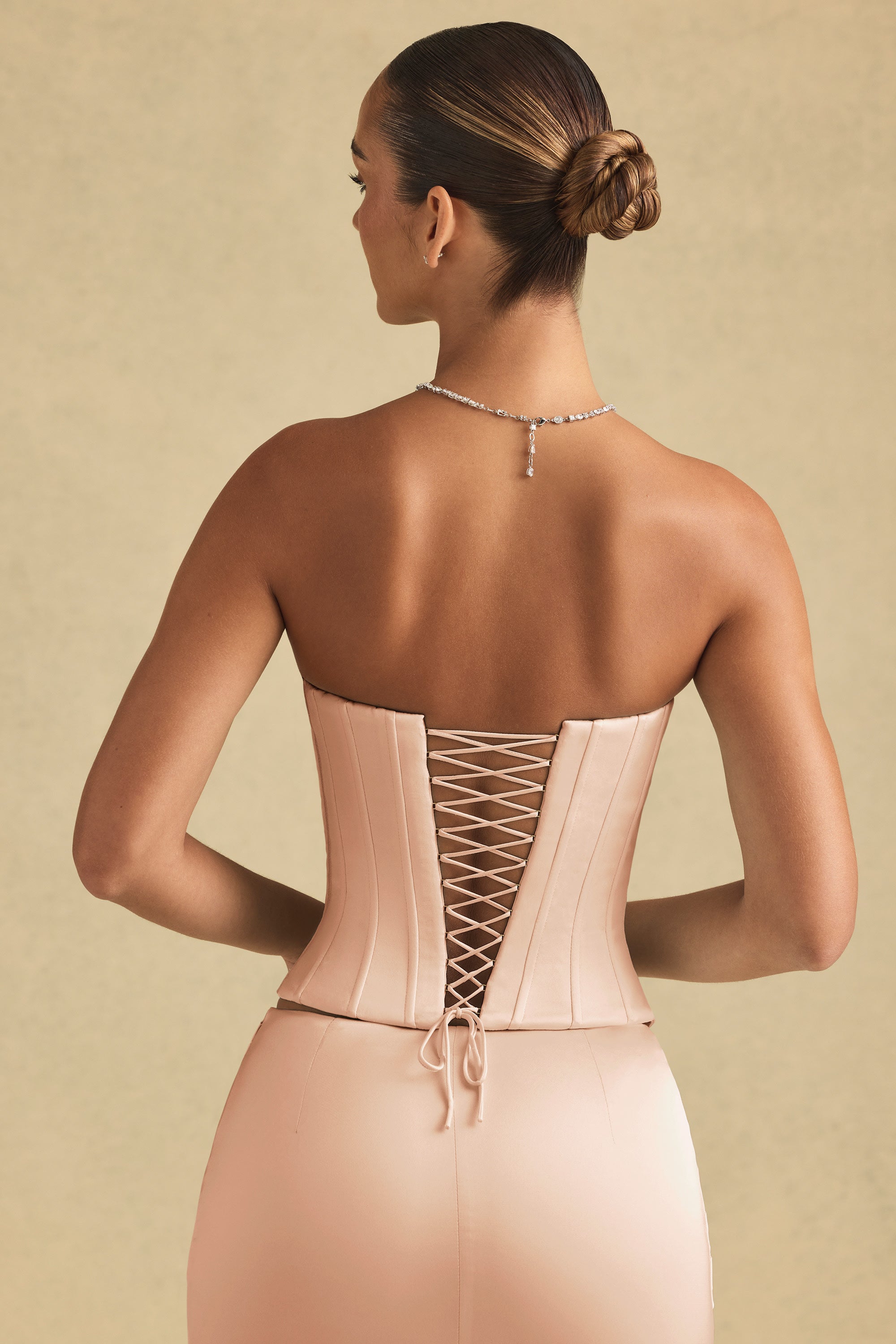 Full-Length Lace-Up Corset Top in Beige Gold