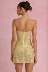 Sheer Embellished Square-Neck Mini Dress in Yellow