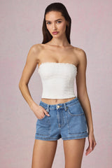 High-Waist A-Line Shorts in Mid-Blue Wash