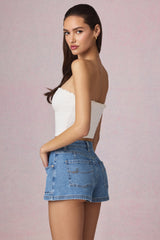 High-Waist A-Line Shorts in Mid-Blue Wash