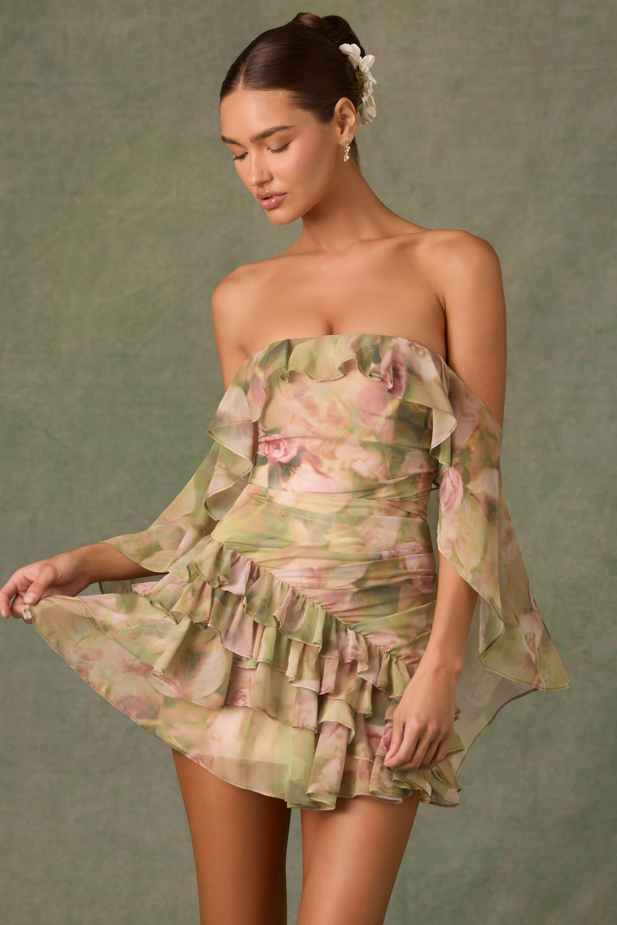 Off-Shoulder Ruffled Mini Dress in Floral Multi Print