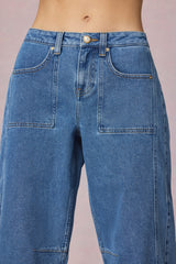 Mid-Rise Barrel-Leg Jeans in Mid-Blue Wash