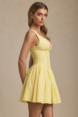 Broderie Anglaise Bow-Detail A-Line Mini Dress in Pastel Yellow