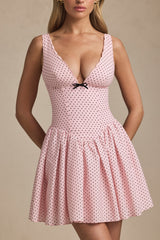 Bow-Detail A-Line Mini Dress in Pink Polka Dot