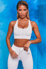 Flex Ribbed Zip Front Crop Top in White