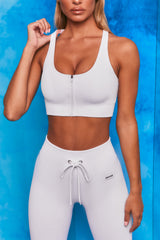 Flex Ribbed Zip Front Crop Top in White