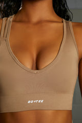 Emerge Cross Strap Seamless Plunge Sports Bra in Brown