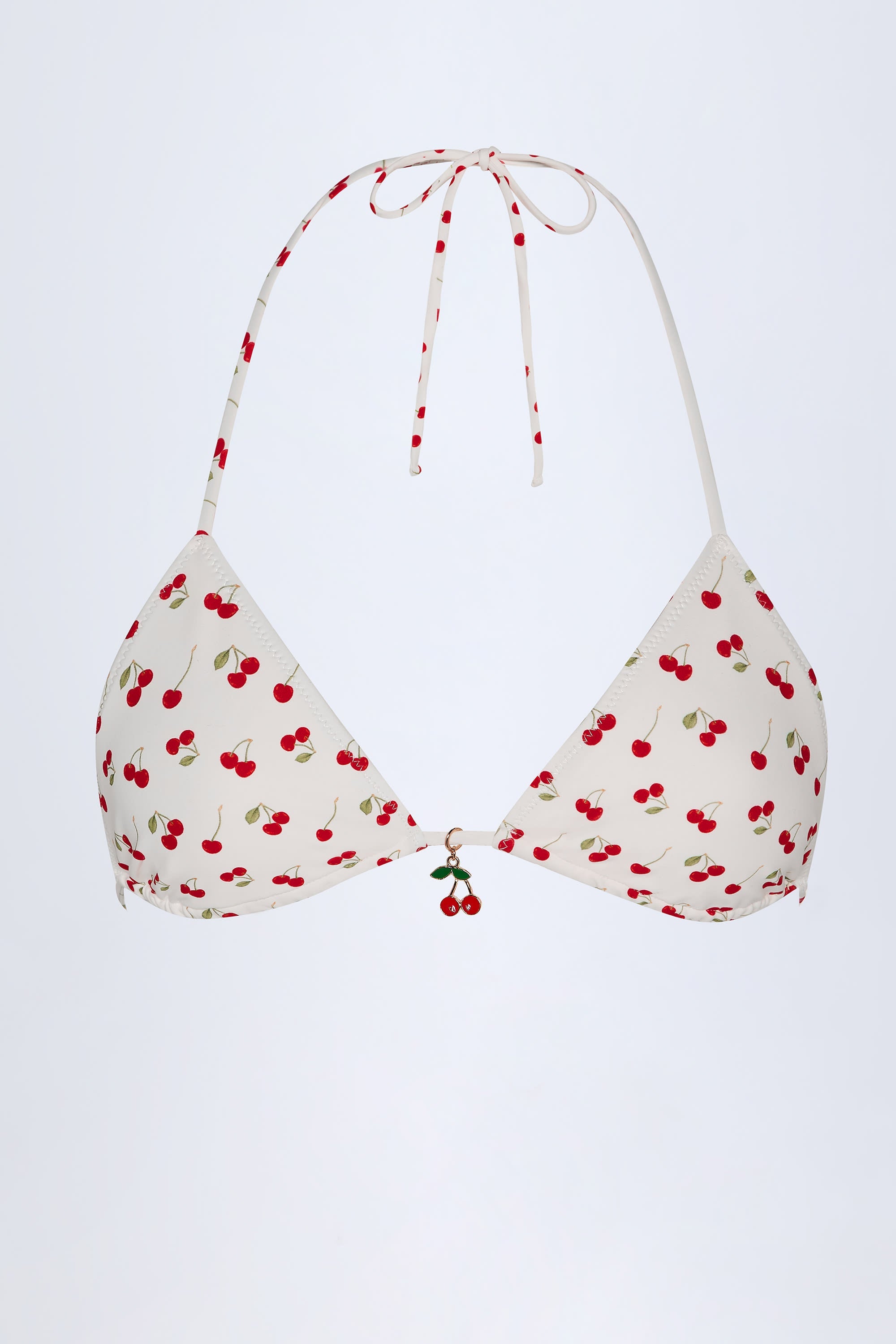 Charm-Detail Triangle Bikini Top in Cherry Print