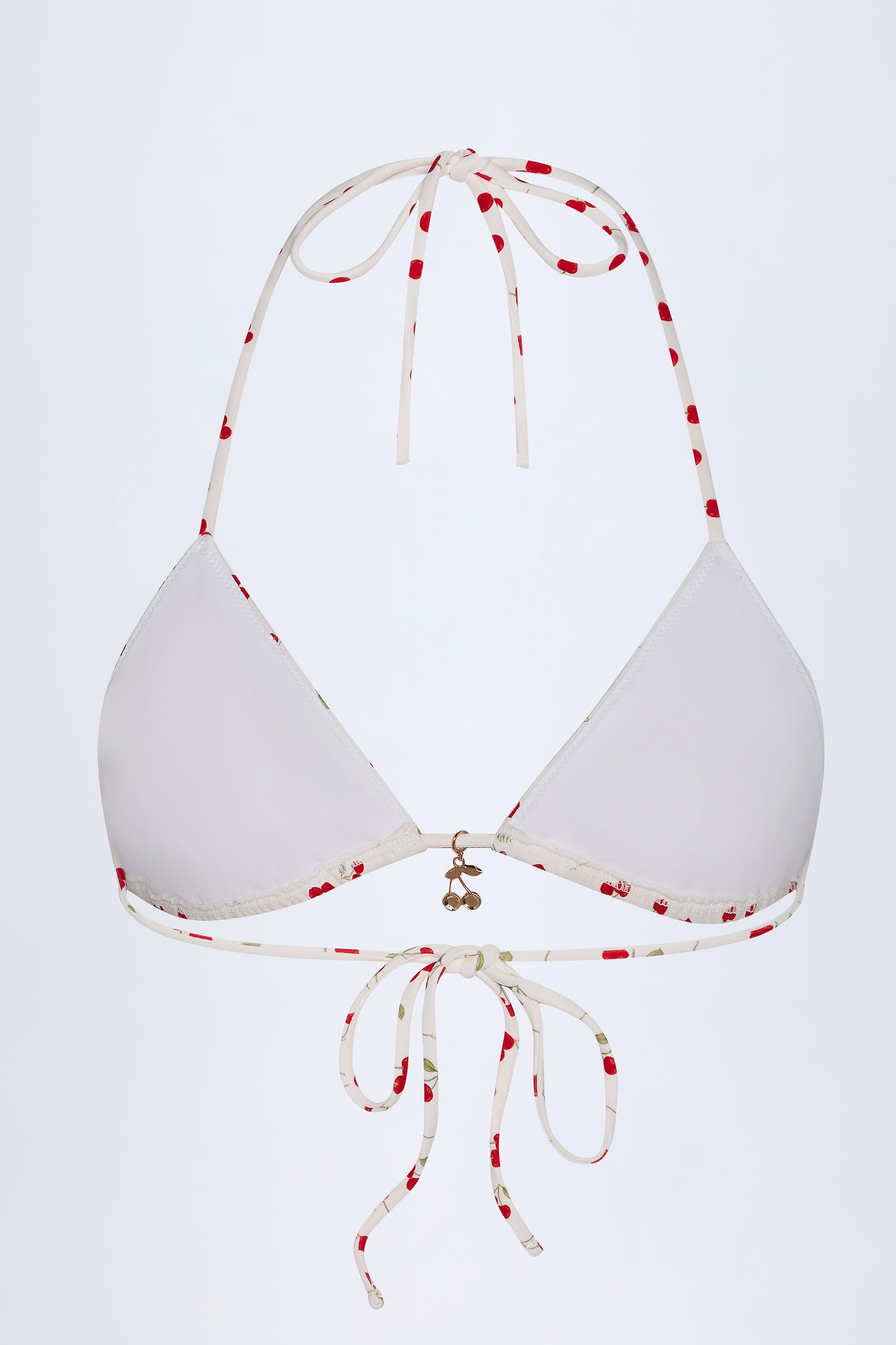 Charm-Detail Triangle Bikini Top in Cherry Print
