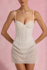 Semi-Sheer Embellished Draped Corset Mini Dress in White