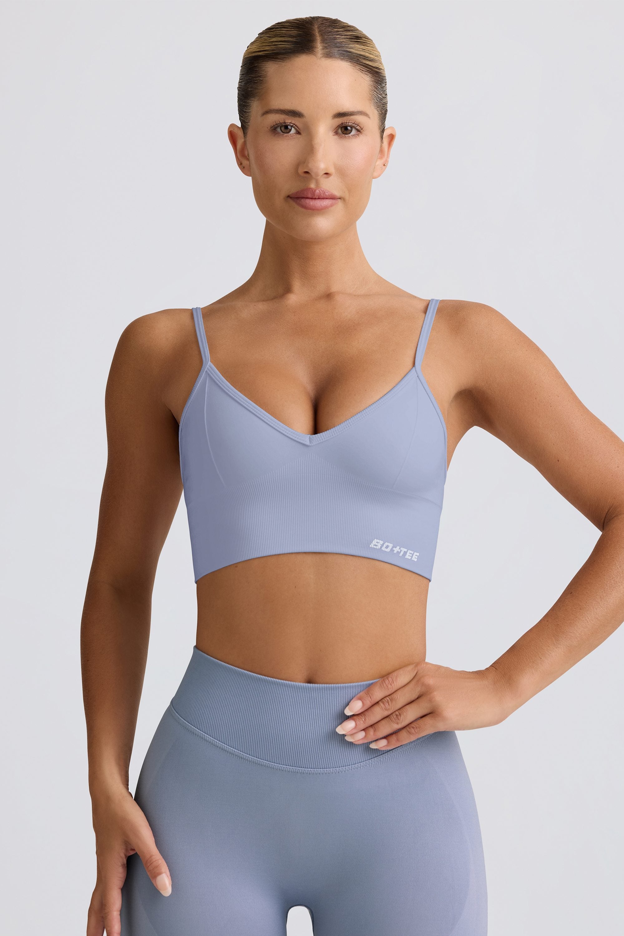 Define Luxe V-Neck Sports Bra in Blue Grey