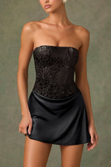 Embellished Draped Strapless A-Line Mini Dress in Black