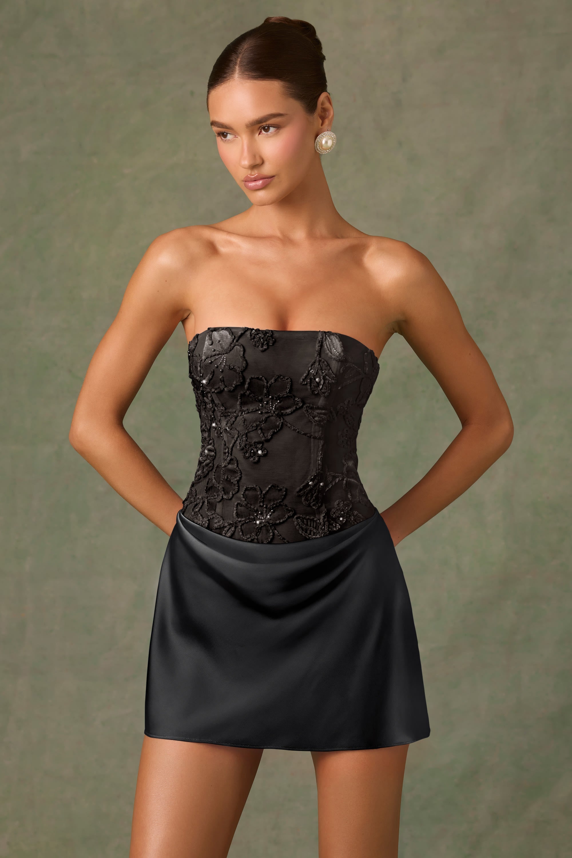 Embellished Draped Strapless A-Line Mini Dress in Black