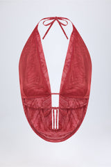 Cowl-Neck Backless Crop Top in Red Print