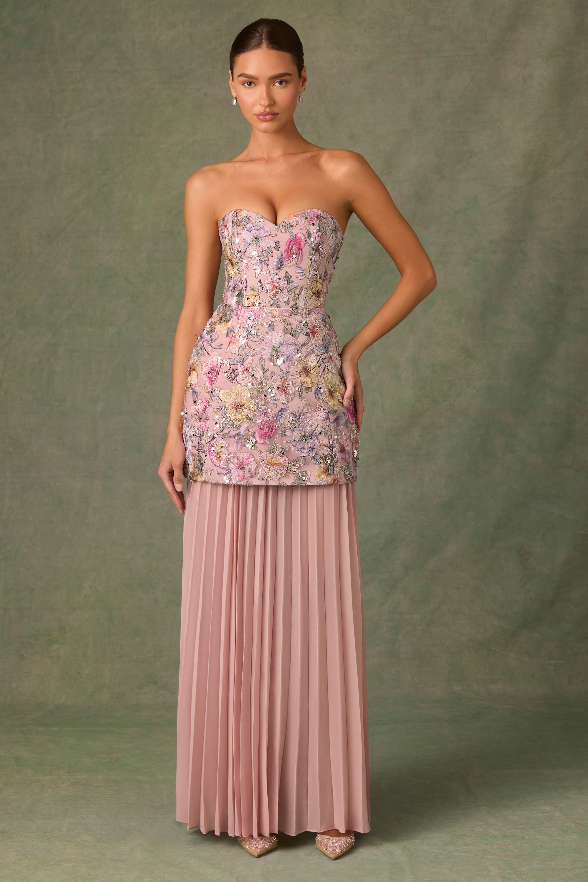 Embellished Convertible Lace-Up Gown in Floral Pink
