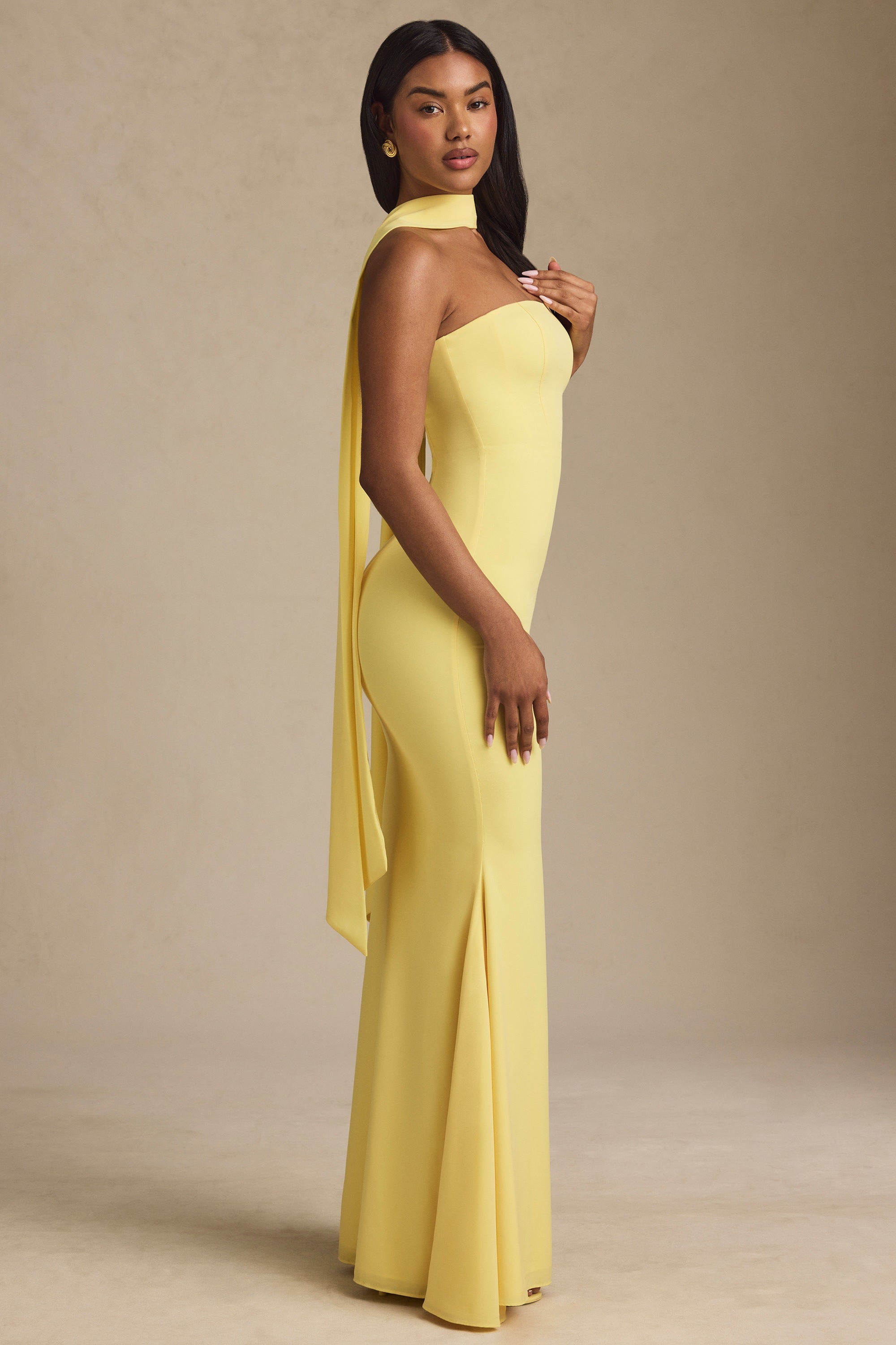 Scarf-Detail Strapless Gown in Pastel Yellow