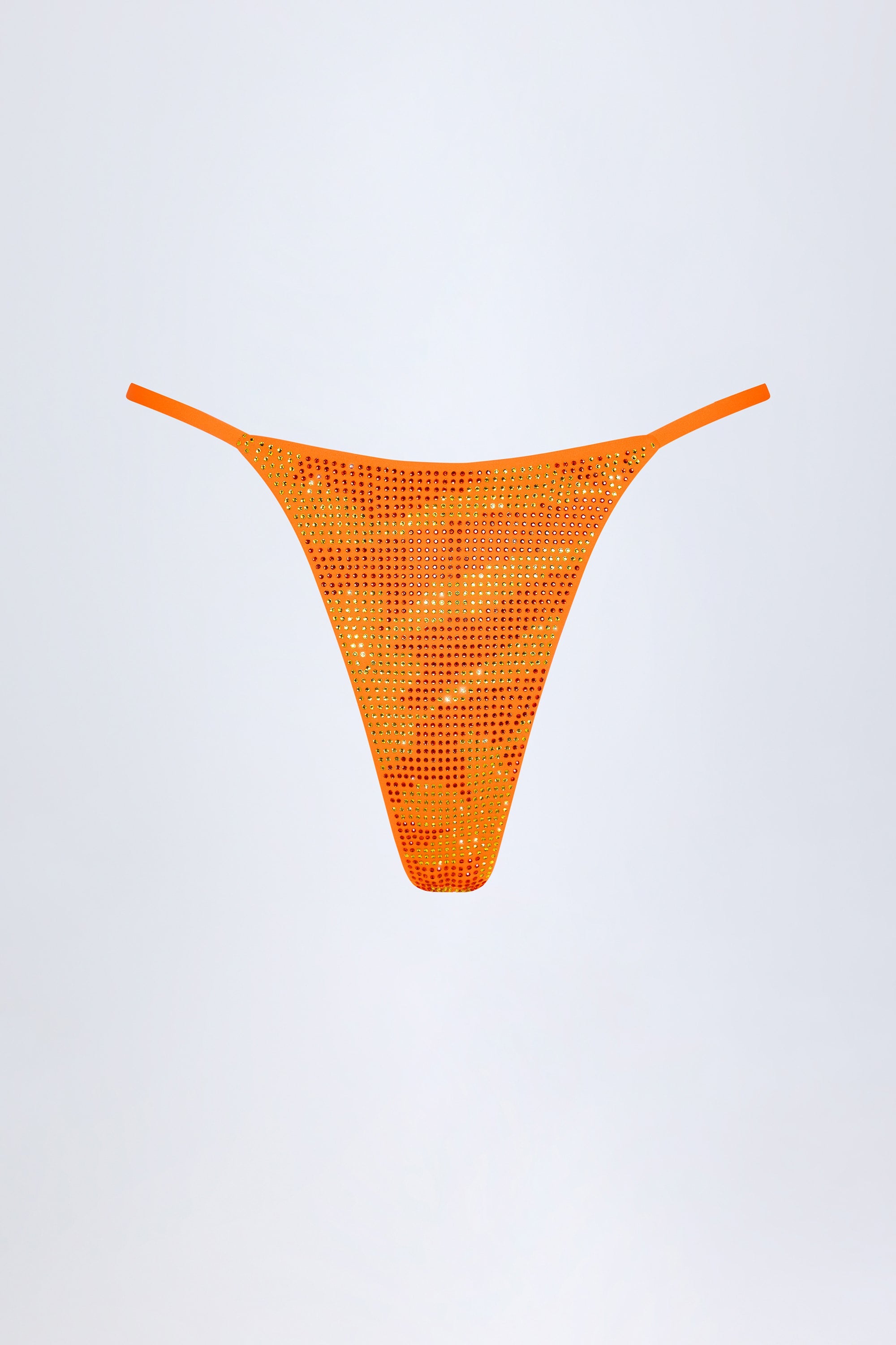 Embellished Thong Bikini Bottoms in Orange Tropical Hotfix
