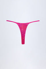 Embellished Thong Bikini Bottoms in Pink Tropical Hotfix