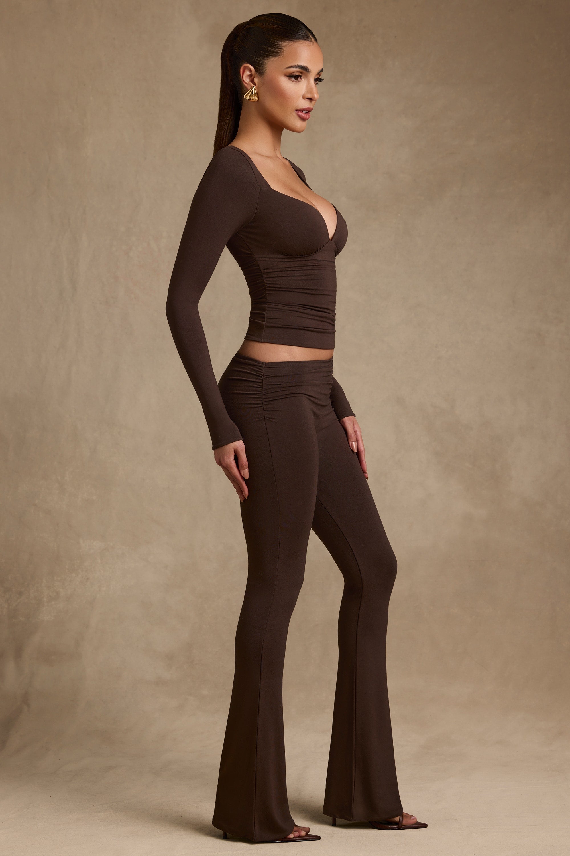 Modal Asymmetric-Waist Flared Trousers in Chocolate Brown