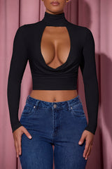 Cowl-Neck Tie-Back Top in Black