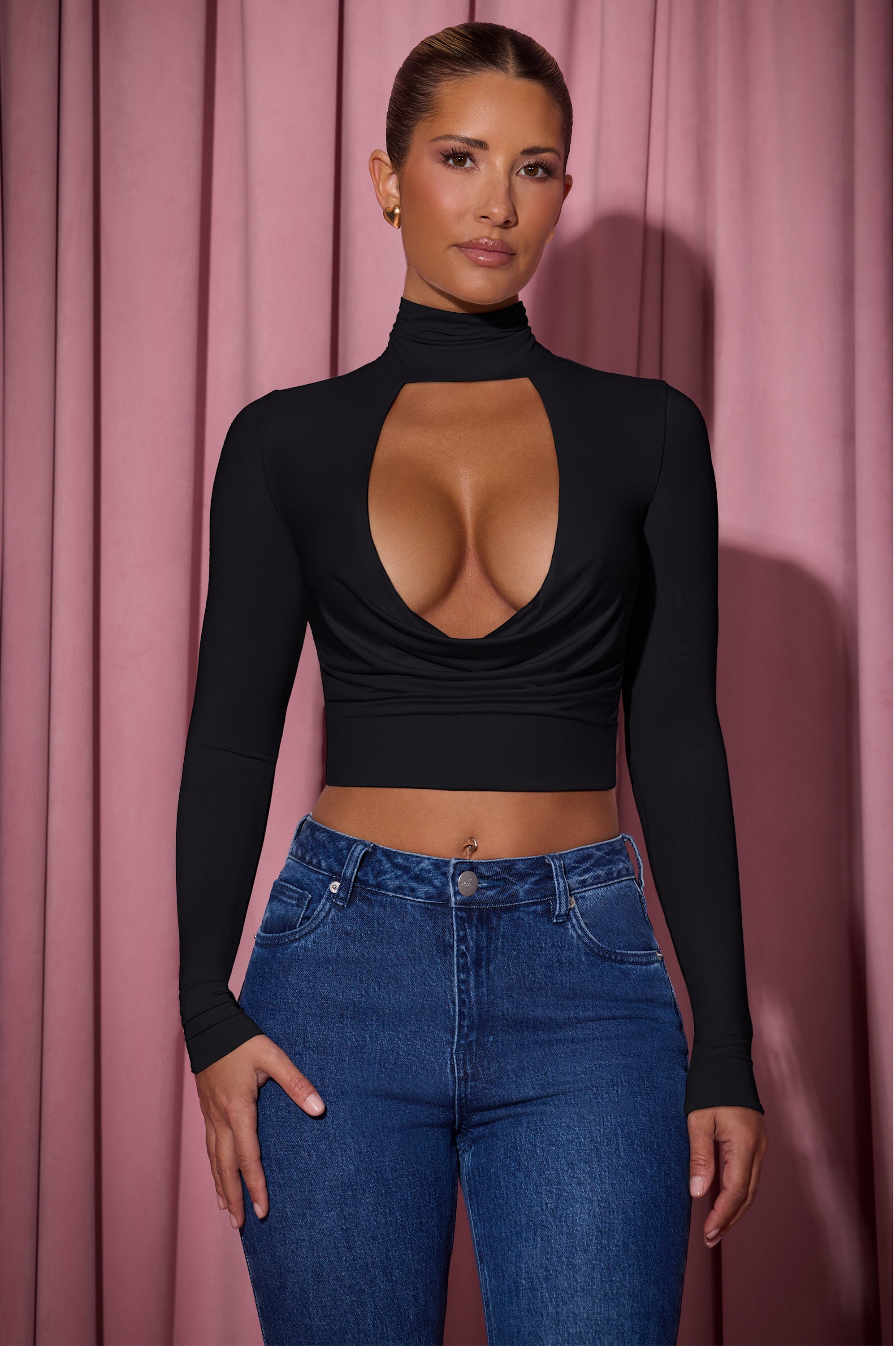 Cowl-Neck Tie-Back Top in Black