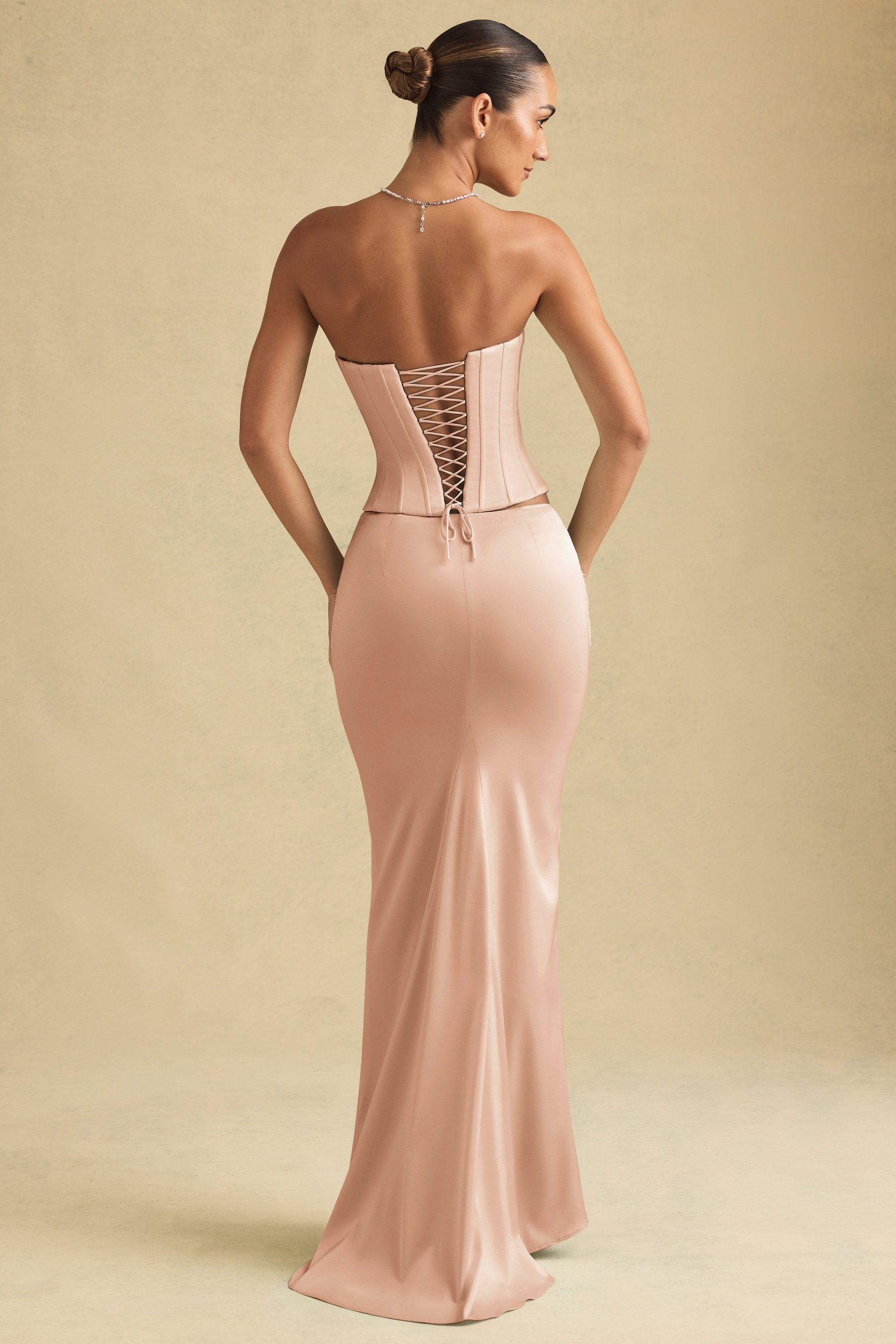 Draped Low-Rise Maxi Skirt in Beige Gold