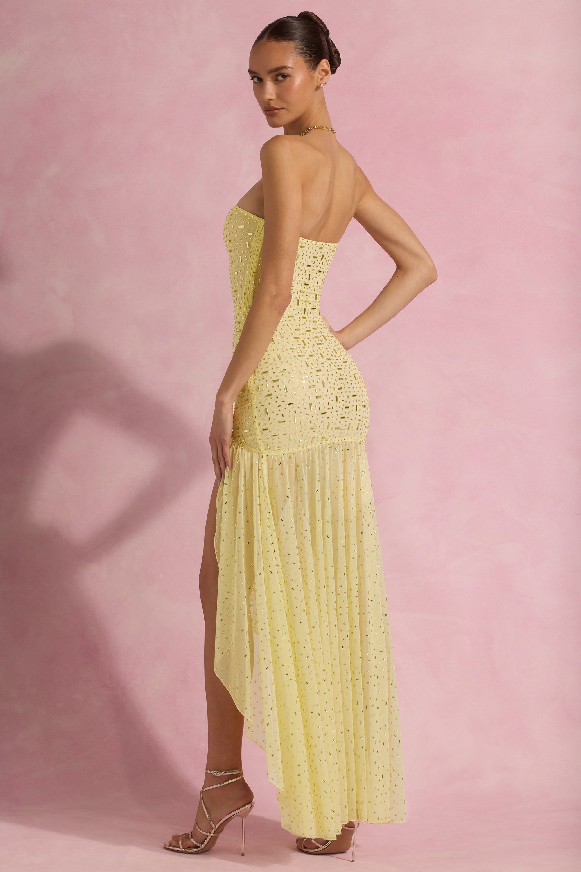 Semi-Sheer Embellished Asymmetric Maxi Dress in Yellow