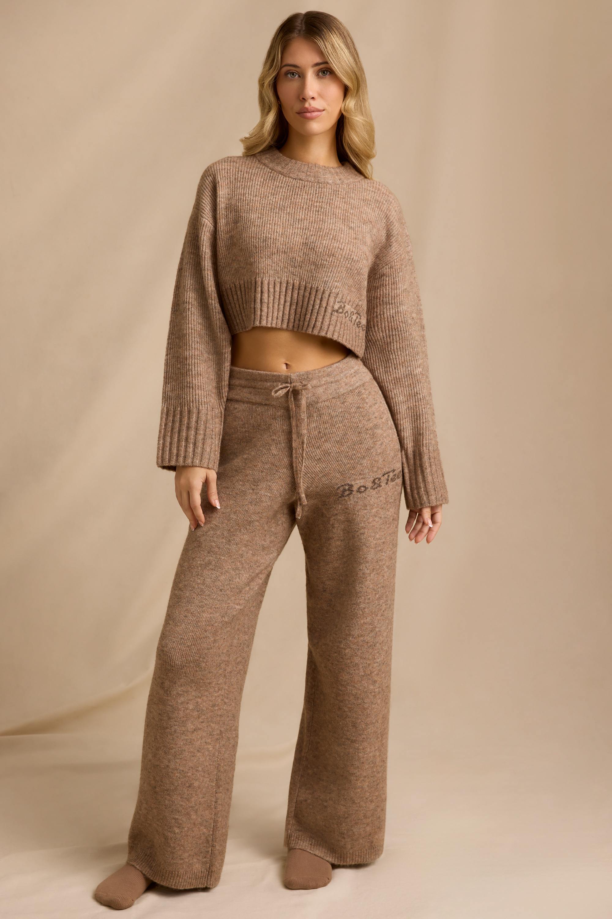 Mid-Rise Wide-Leg Joggers in Brown Marl