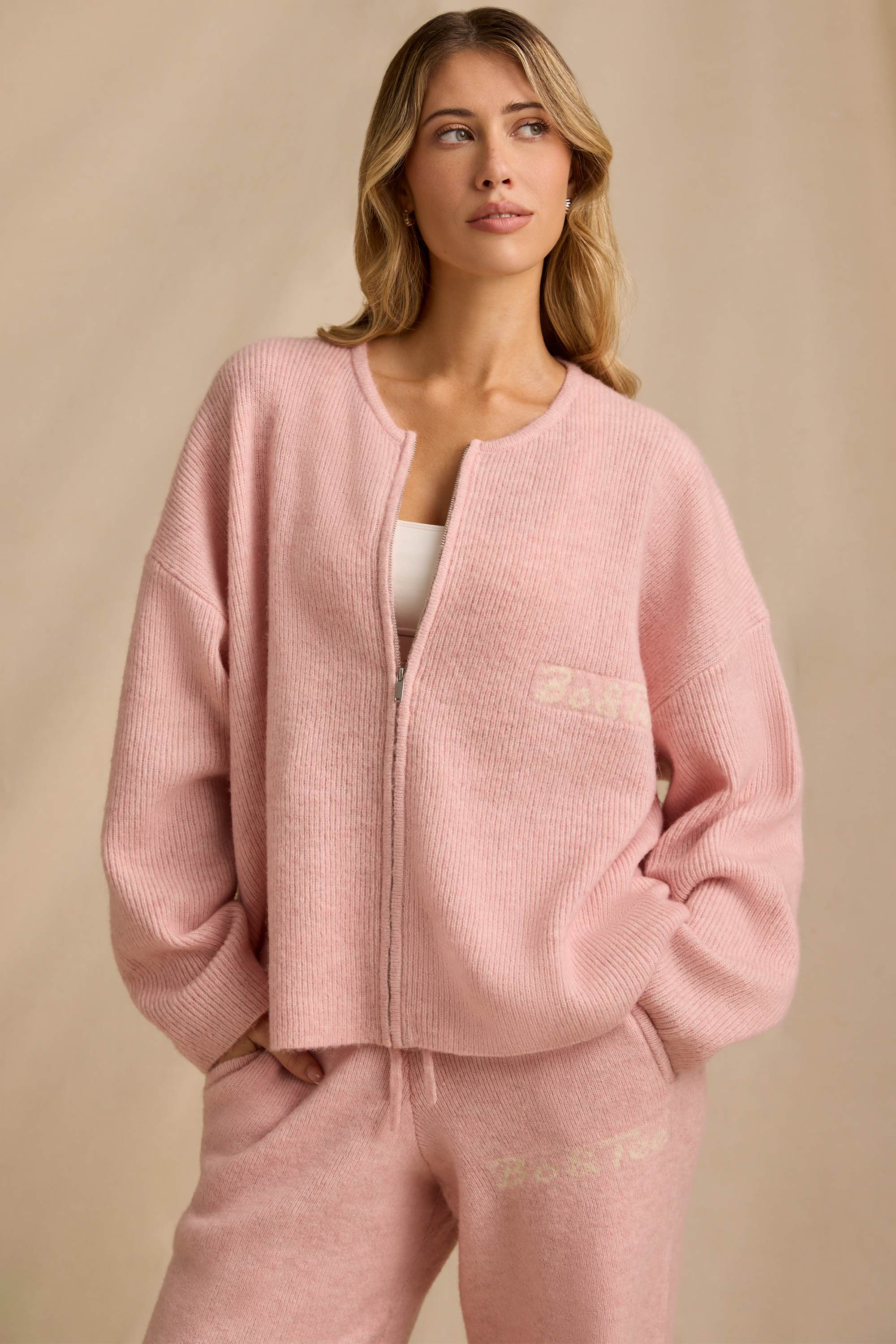 Oversized Zip-Up Cardigan in Blush Pink